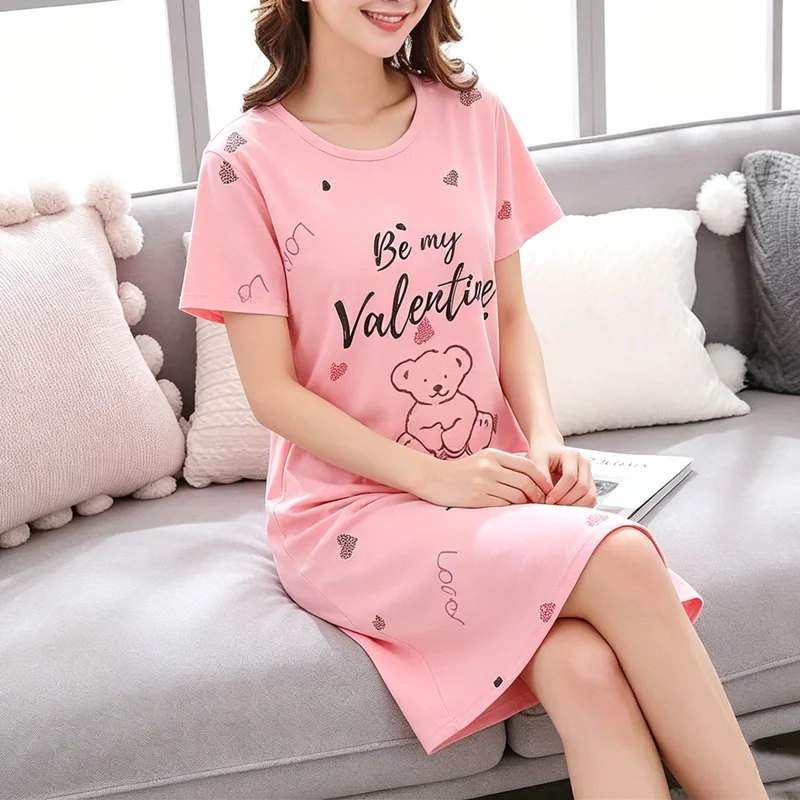 Women Large Size Pajamas Short-Sleeved Nightgown Cartoon Bear Long Student Robe Rabbitlong Skirt Loungewear Girl Dress thumbnail 4