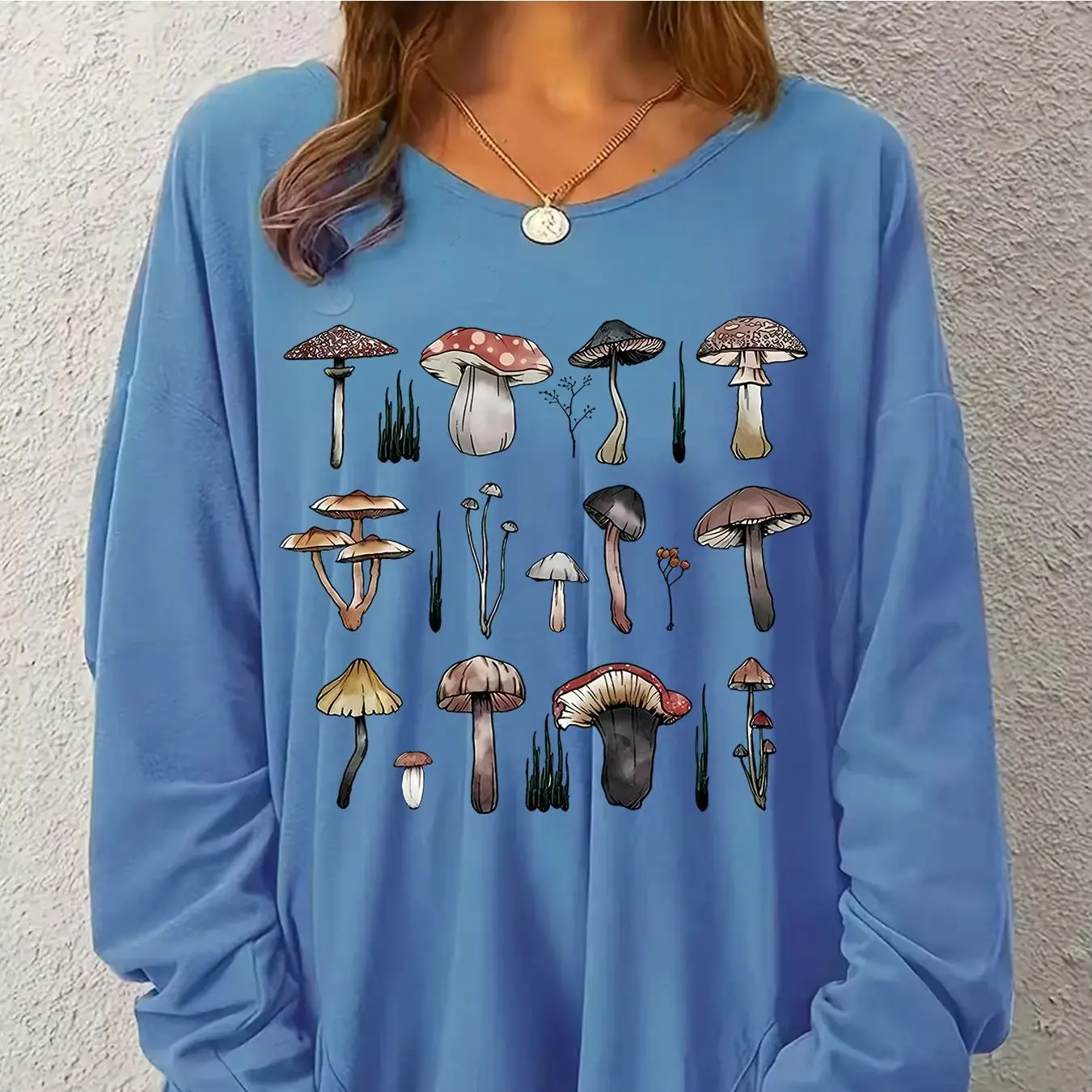 Fashionable plus size women's clothing with a fresh forest style! Hand drawn mushroom catalog printed long sleeved hoodie thumbnail 3