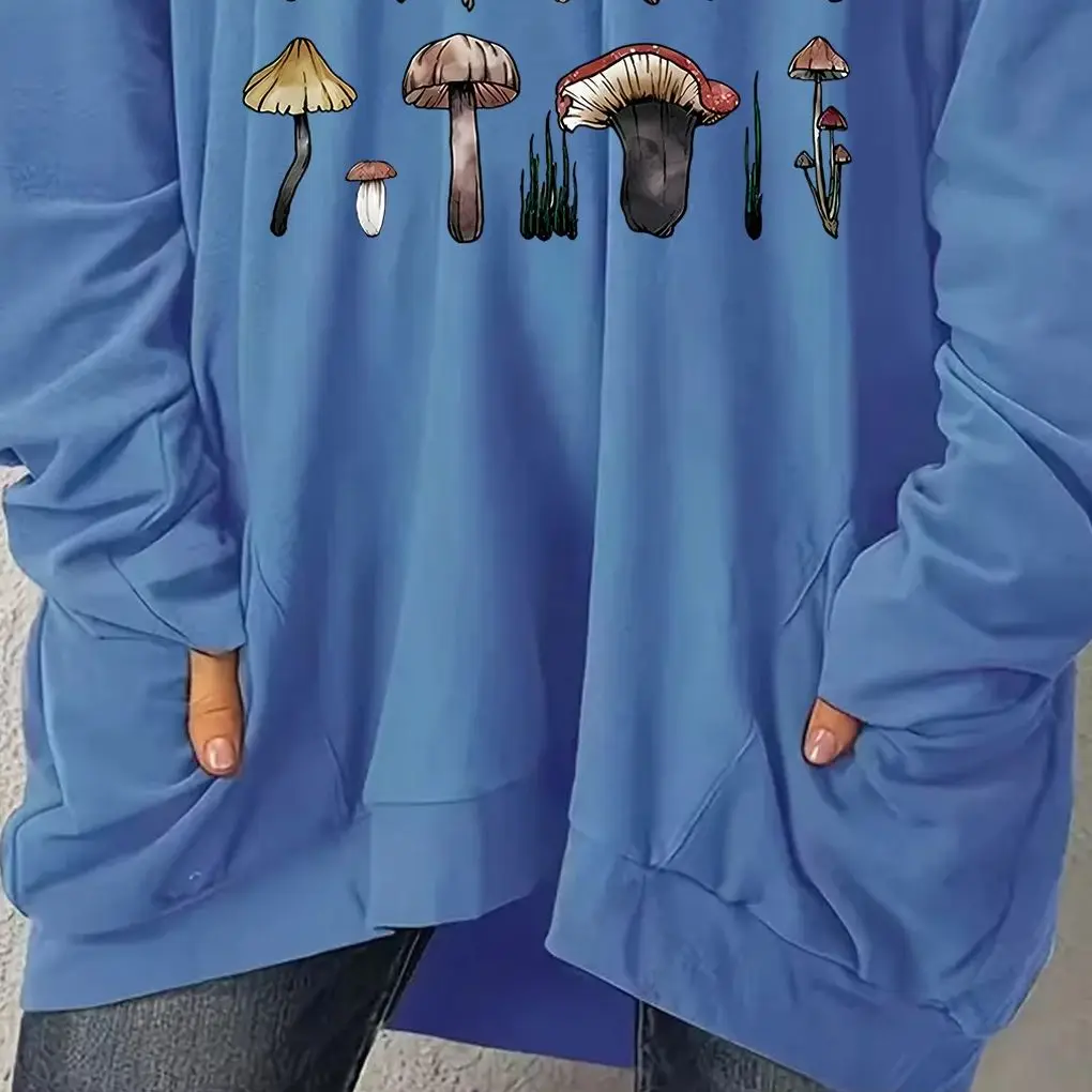 Fashionable plus size women's clothing with a fresh forest style! Hand drawn mushroom catalog printed long sleeved hoodie thumbnail 4