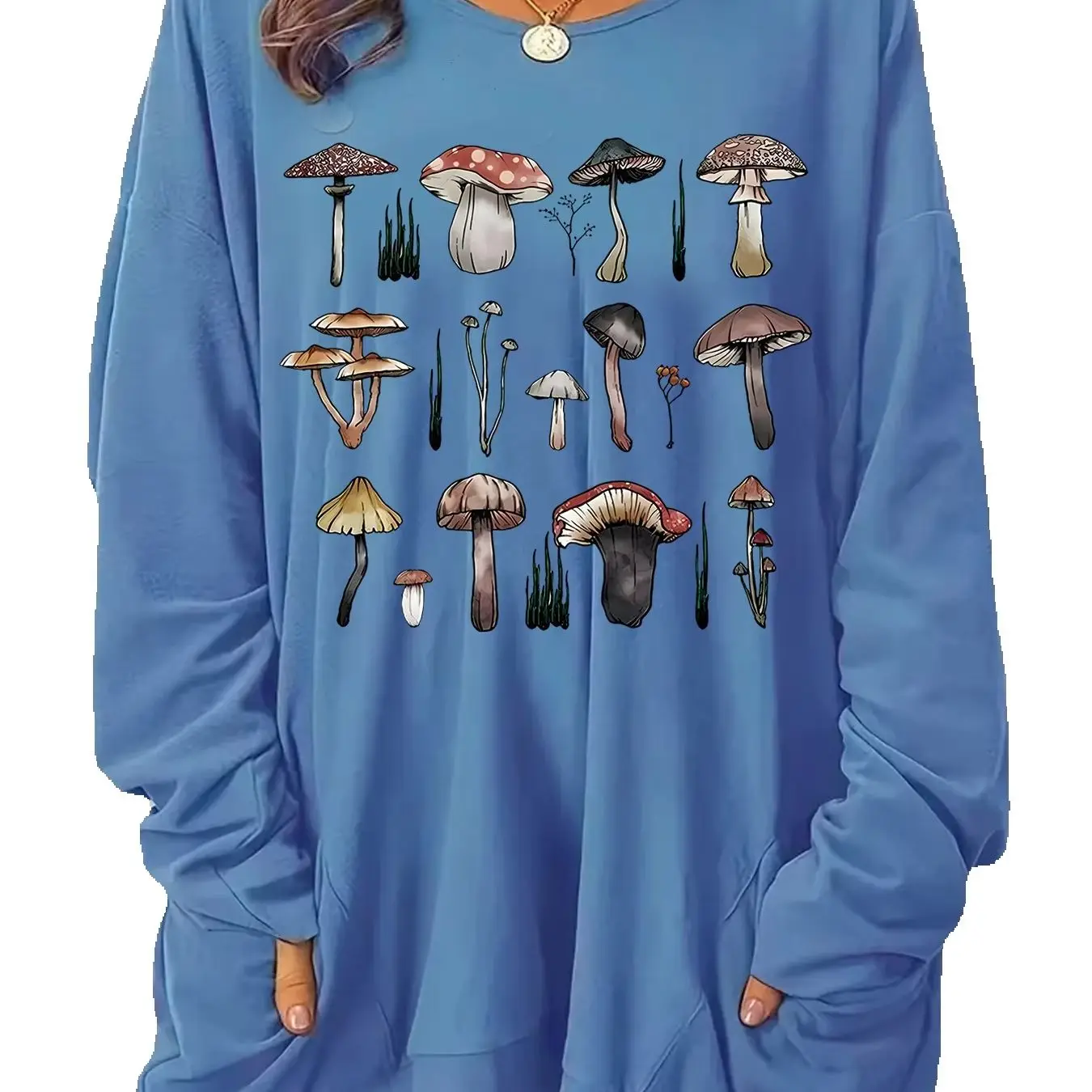 Fashionable plus size women's clothing with a fresh forest style! Hand drawn mushroom catalog printed long sleeved hoodie thumbnail 6