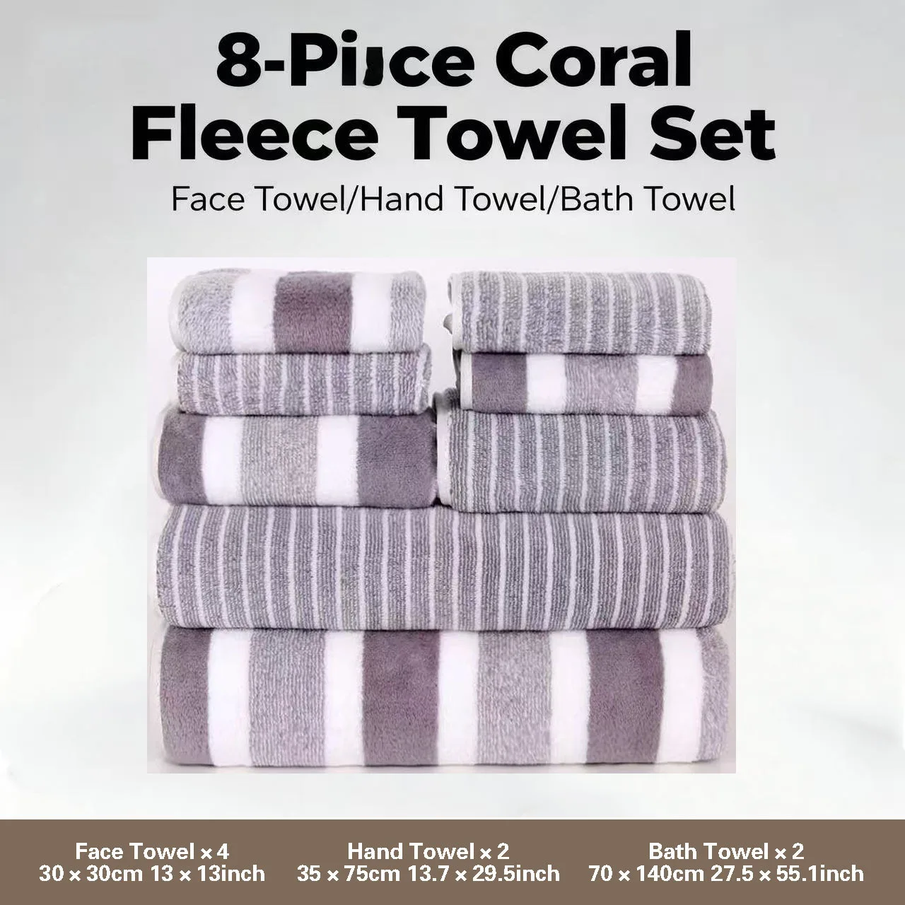 8pcs Coral Fleece Set: Towels, Washcloths, Bath Towels, Quick-Drying Striped Adult Face Towels for Bathrooms thumbnail 2