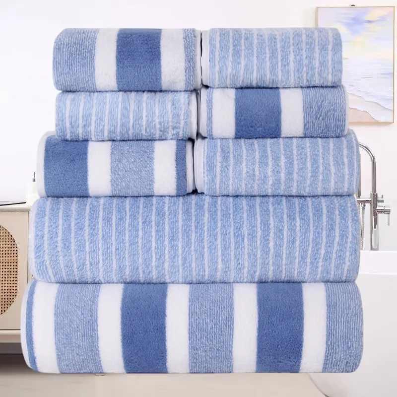 8pcs Coral Fleece Set: Towels, Washcloths, Bath Towels, Quick-Drying Striped Adult Face Towels for Bathrooms thumbnail 6