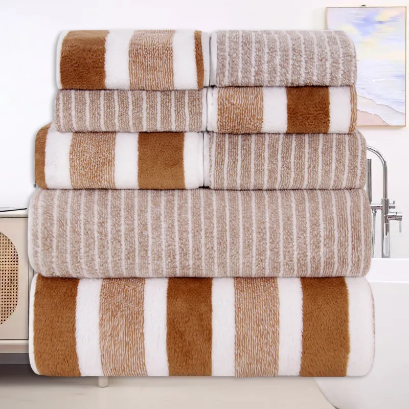 8pcs Coral Fleece Set: Towels, Washcloths, Bath Towels, Quick-Drying Striped Adult Face Towels for Bathrooms thumbnail 3