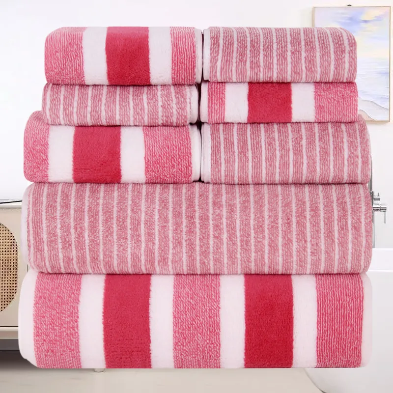 8pcs Coral Fleece Set: Towels, Washcloths, Bath Towels, Quick-Drying Striped Adult Face Towels for Bathrooms thumbnail 5