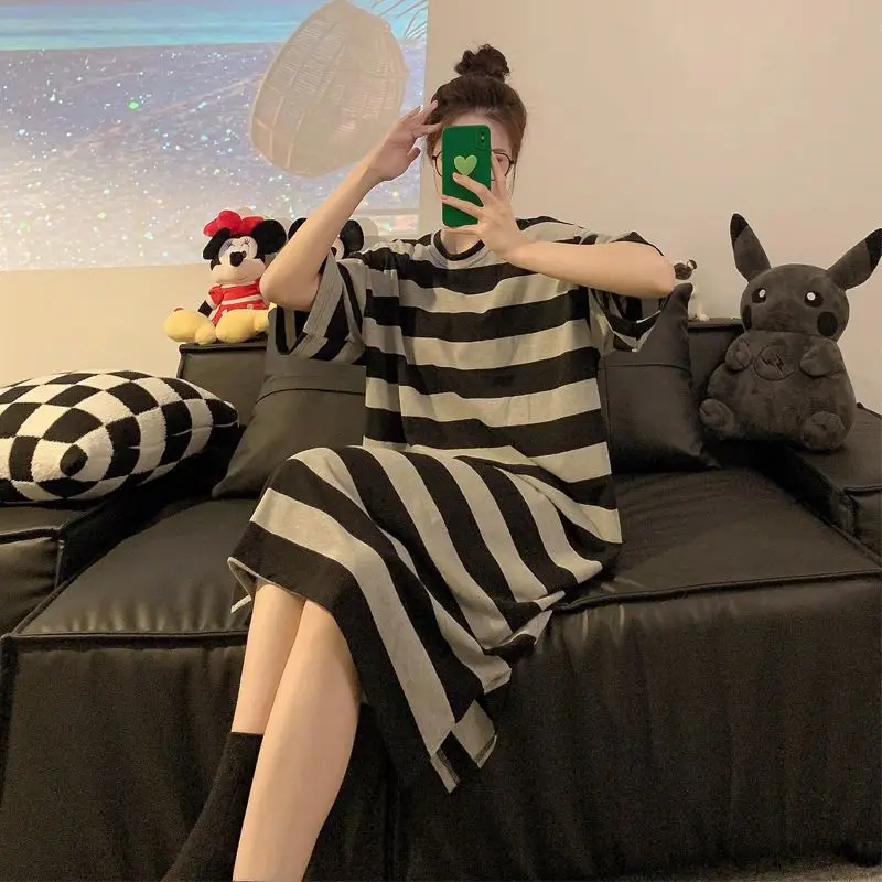 Lazy Contrast Striped Slit Hem T Shirt Dress Women Clothing Short Sleeve Plus Size Korean Casual Dresses Fashion Trend Summer thumbnail 2