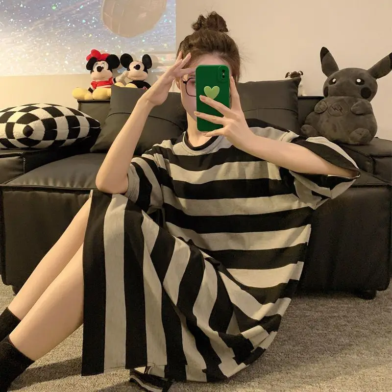 Lazy Contrast Striped Slit Hem T Shirt Dress Women Clothing Short Sleeve Plus Size Korean Casual Dresses Fashion Trend Summer thumbnail 3