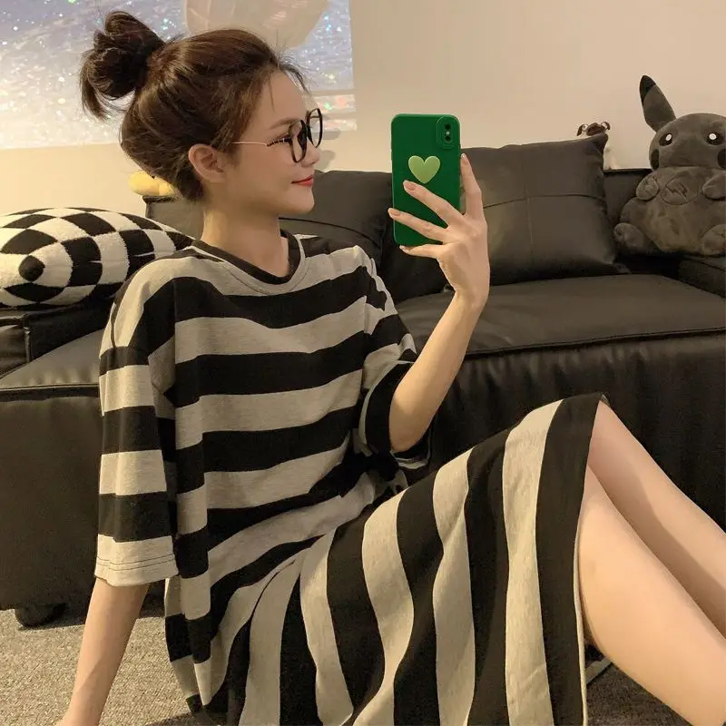 Lazy Contrast Striped Slit Hem T Shirt Dress Women Clothing Short Sleeve Plus Size Korean Casual Dresses Fashion Trend Summer thumbnail 5