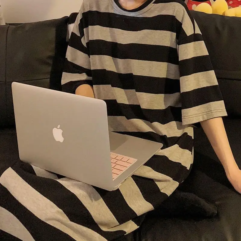 Lazy Contrast Striped Slit Hem T Shirt Dress Women Clothing Short Sleeve Plus Size Korean Casual Dresses Fashion Trend Summer thumbnail 4