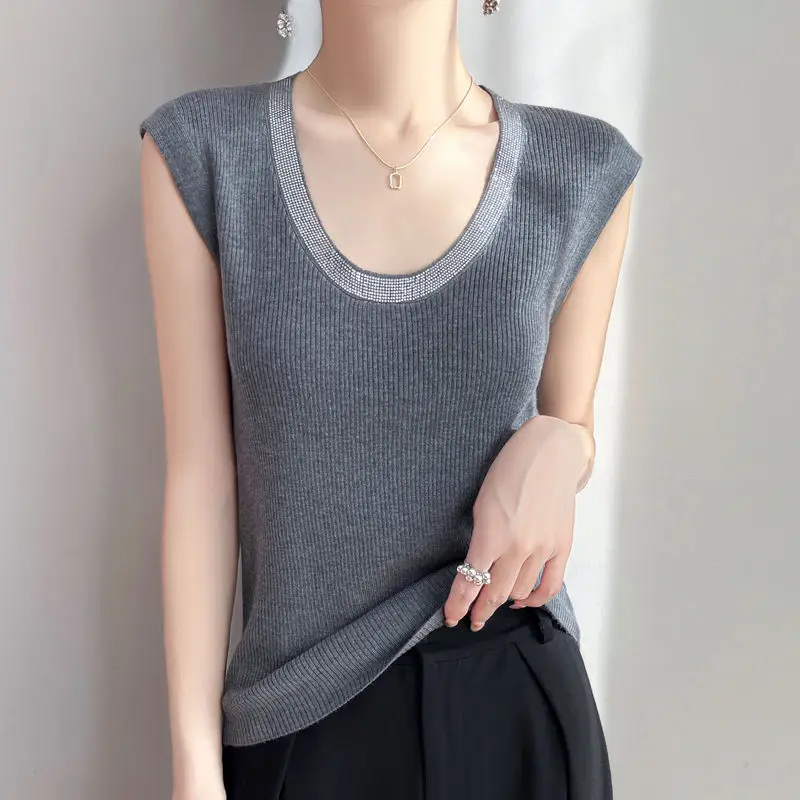 Sueter Feminino Fashion O-Neck Knitted Women Sweater Vest Sleeveless Hot Fix Black Knit Sweater Vest Women Tops Outerwears Q2444 thumbnail 3