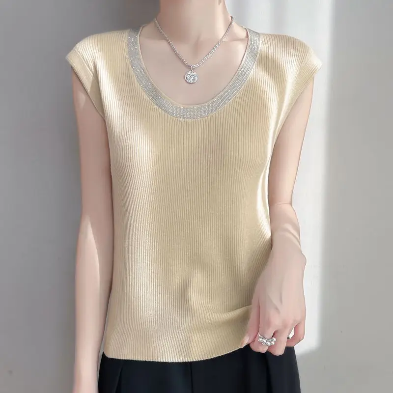 Sueter Feminino Fashion O-Neck Knitted Women Sweater Vest Sleeveless Hot Fix Black Knit Sweater Vest Women Tops Outerwears Q2444 thumbnail 4