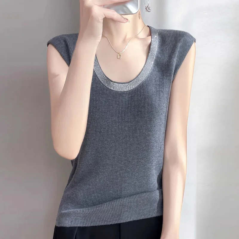 Sueter Feminino Fashion O-Neck Knitted Women Sweater Vest Sleeveless Hot Fix Black Knit Sweater Vest Women Tops Outerwears Q2444 thumbnail 6