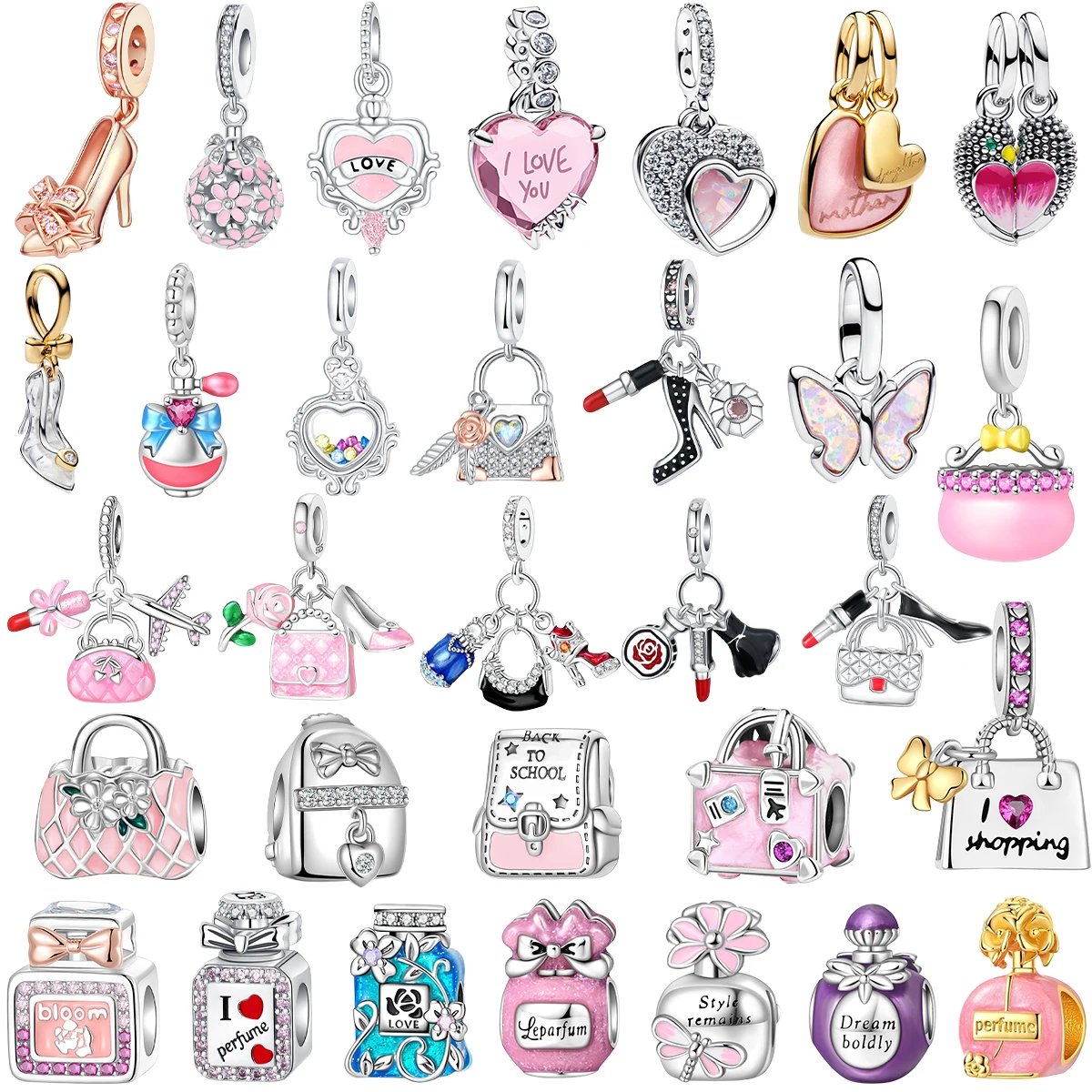 Original 925 Sterling Silver Charms Perfume Bag High Heels Skirt Beads Pendant Bracelets Necklaces Womens DIY Jewelry Gift