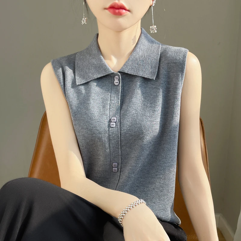 Knitwears White Turn Down Collar Knitted Sweater Women Cardigans New Sleeveless Knit Sweater Cardigan Women Tops Sweaters Q2320 thumbnail 5