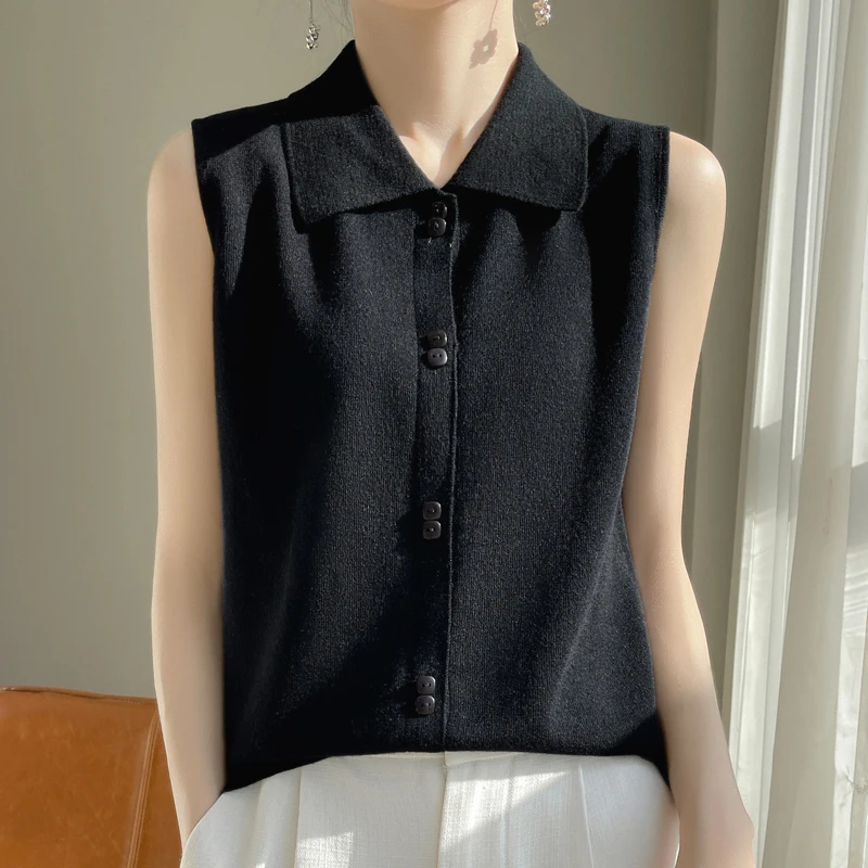Knitwears White Turn Down Collar Knitted Sweater Women Cardigans New Sleeveless Knit Sweater Cardigan Women Tops Sweaters Q2320 thumbnail 4
