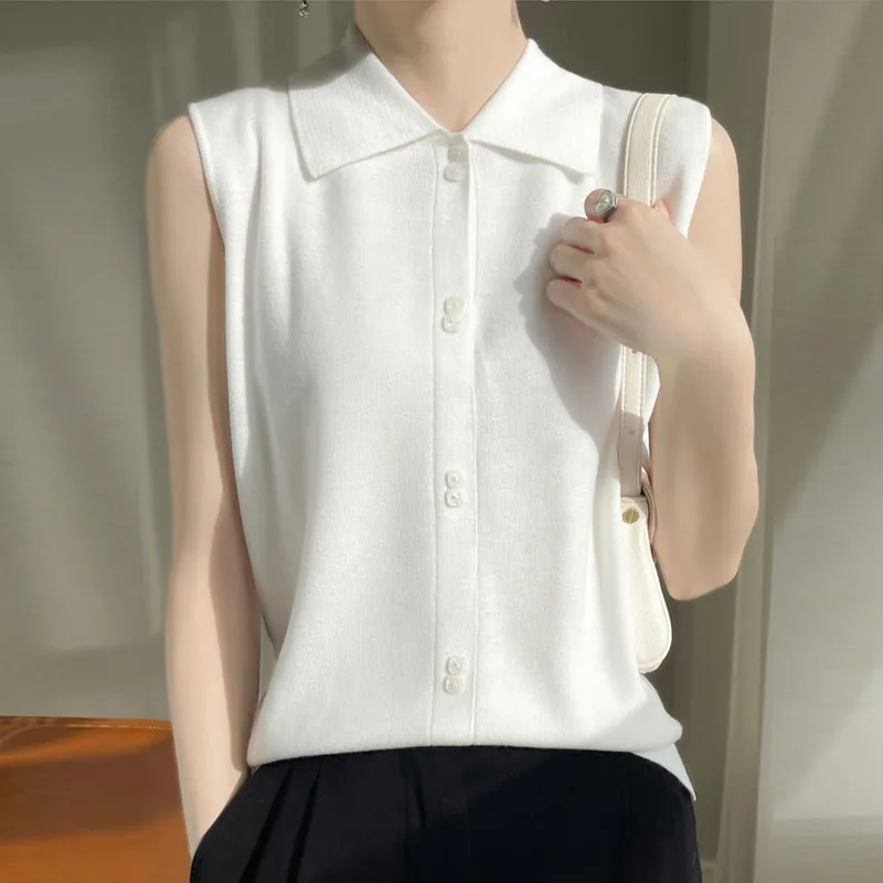 Knitwears White Turn Down Collar Knitted Sweater Women Cardigans New Sleeveless Knit Sweater Cardigan Women Tops Sweaters Q2320