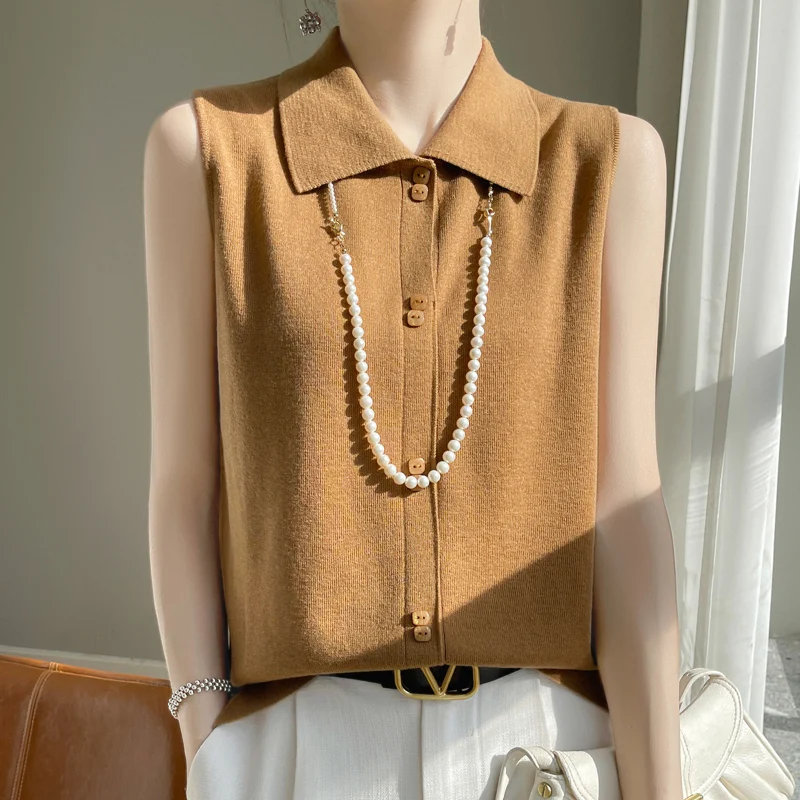 Knitwears White Turn Down Collar Knitted Sweater Women Cardigans New Sleeveless Knit Sweater Cardigan Women Tops Sweaters Q2320 thumbnail 2