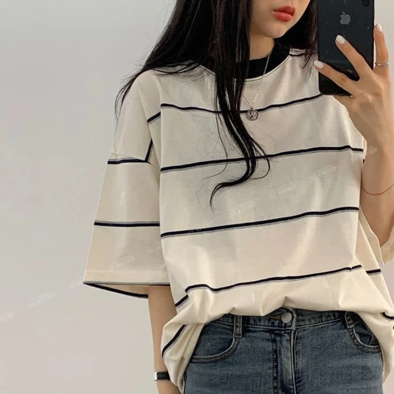 Short Sleeve Striped Contrast Patchwork Loose High Street Tops New Women Clothing All-match Trend T Shirts Fashion Casual Summer