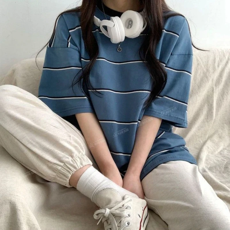Short Sleeve Striped Contrast Patchwork Loose High Street Tops New Women Clothing All-match Trend T Shirts Fashion Casual Summer thumbnail 2