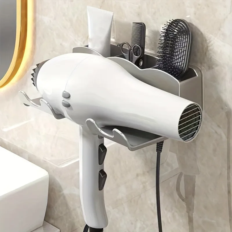 1pc hair dryer storage rack, storage bracket, bathroom multifunctional plastic household non porous storage rack thumbnail 2