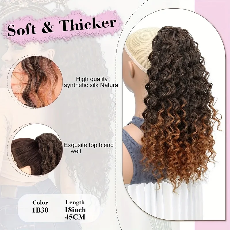 18Inch Synthetic Long Wave Curly Ponytail Hair Extension Drawstring Clip in Fluffy Ponytail Hairpiece for Women thumbnail 5