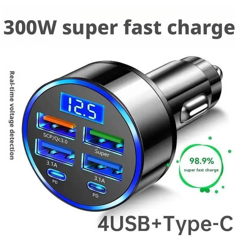 300W 4USB + 2PD Car Fast Charger  – 6 Ports Type C PD Quick Charge 3.0 Car Charger with LED Voltage Display thumbnail 6
