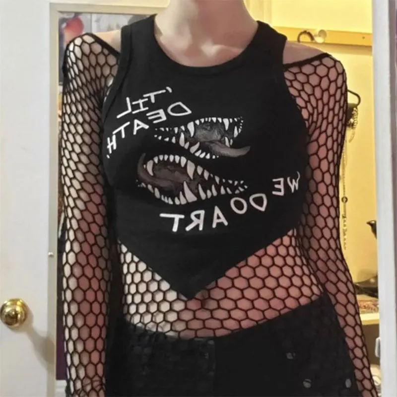 Sexy Hollow Out Mesh T-Shirt Female Skinny Crop Top Fashion Summer Basic Tops for Women Fishnet Shirt thumbnail 2