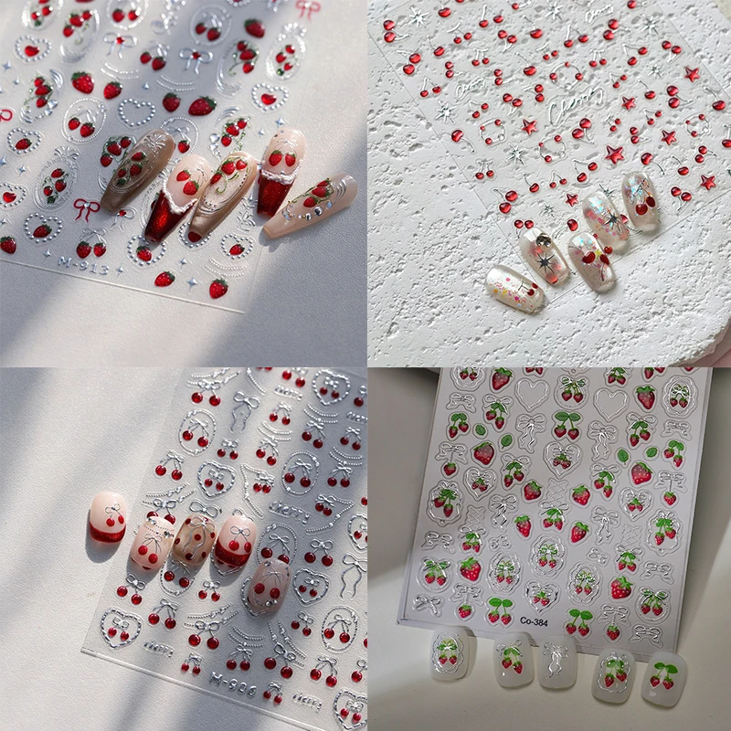 1 Sheet Chic Self Adhesive Manicure Decal Lovely Red Fruit Strawberry Bowknot 5D Nail Art Stickers DIY Accessories thumbnail 2