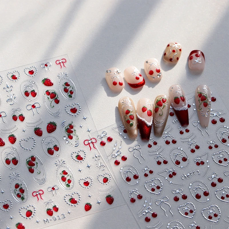 1 Sheet Chic Self Adhesive Manicure Decal Lovely Red Fruit Strawberry Bowknot 5D Nail Art Stickers DIY Accessories thumbnail 4