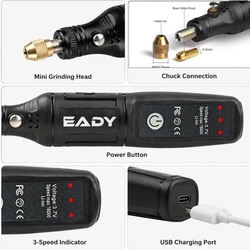 EADY 197PCS USB Mini Drill Cordless  Rotary Tool Kit ,3-Speed  for Engraving, Polishing, Sanding, DIY Crafts, Jewelry Making thumbnail 4