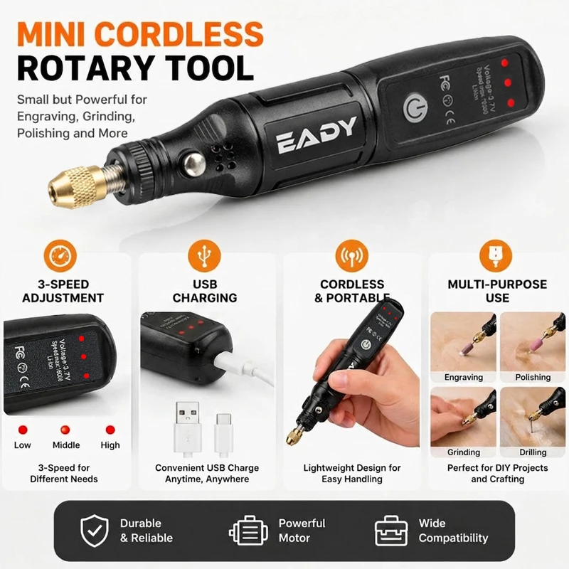 EADY 197PCS USB Mini Drill Cordless  Rotary Tool Kit ,3-Speed  for Engraving, Polishing, Sanding, DIY Crafts, Jewelry Making thumbnail 3
