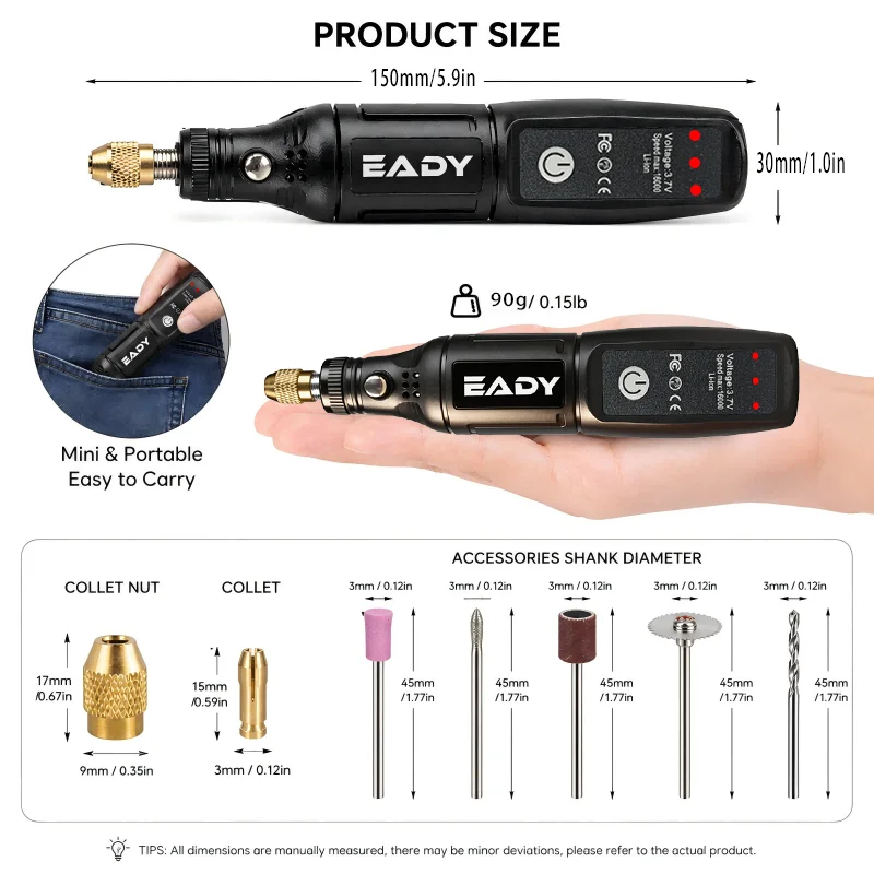 EADY 197PCS USB Mini Drill Cordless  Rotary Tool Kit ,3-Speed  for Engraving, Polishing, Sanding, DIY Crafts, Jewelry Making thumbnail 5