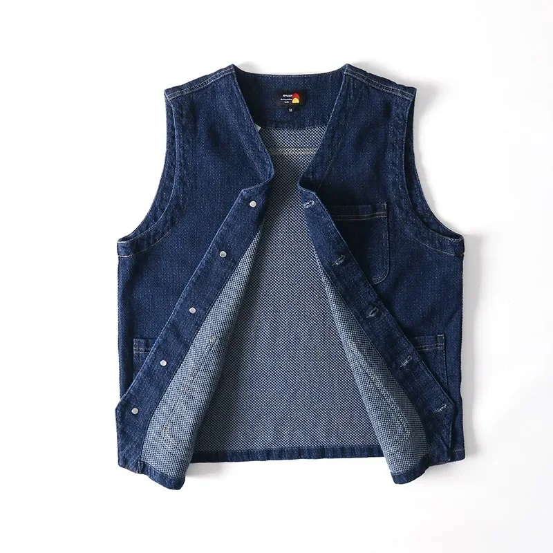 Retro V-Neck Denim Vest Unisex Outdoor Workwear Multi-Pocket Style Autumn Trendy Blue Jeans Vest Women's Fashion Outerwear thumbnail 2