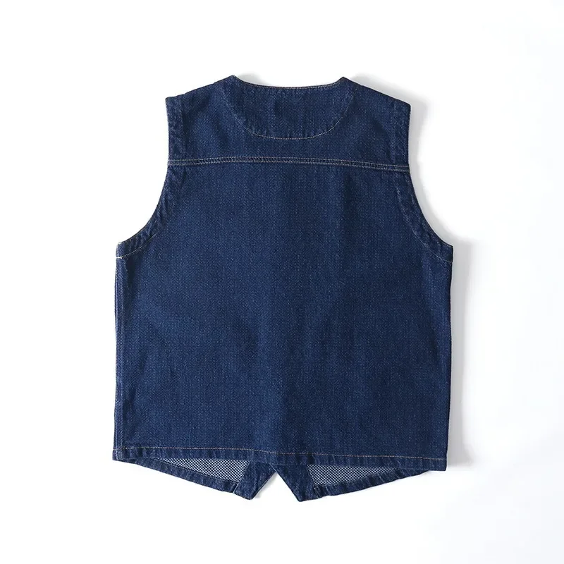 Retro V-Neck Denim Vest Unisex Outdoor Workwear Multi-Pocket Style Autumn Trendy Blue Jeans Vest Women's Fashion Outerwear thumbnail 3