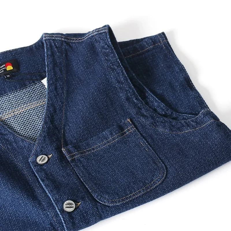 Retro V-Neck Denim Vest Unisex Outdoor Workwear Multi-Pocket Style Autumn Trendy Blue Jeans Vest Women's Fashion Outerwear thumbnail 4