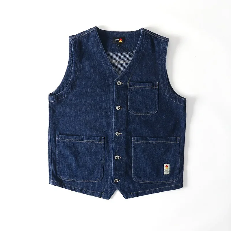 Retro V-Neck Denim Vest Unisex Outdoor Workwear Multi-Pocket Style Autumn Trendy Blue Jeans Vest Women's Fashion Outerwear thumbnail 5