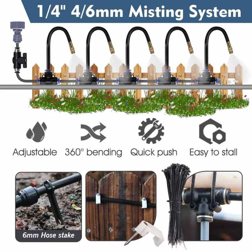30-5m 1/4" 4/6mm Misting Cooling System 360° Free-bend Adjustable Nozzle Atomizer Sprayer for Outdoor Garden Irrigation Watering thumbnail 4