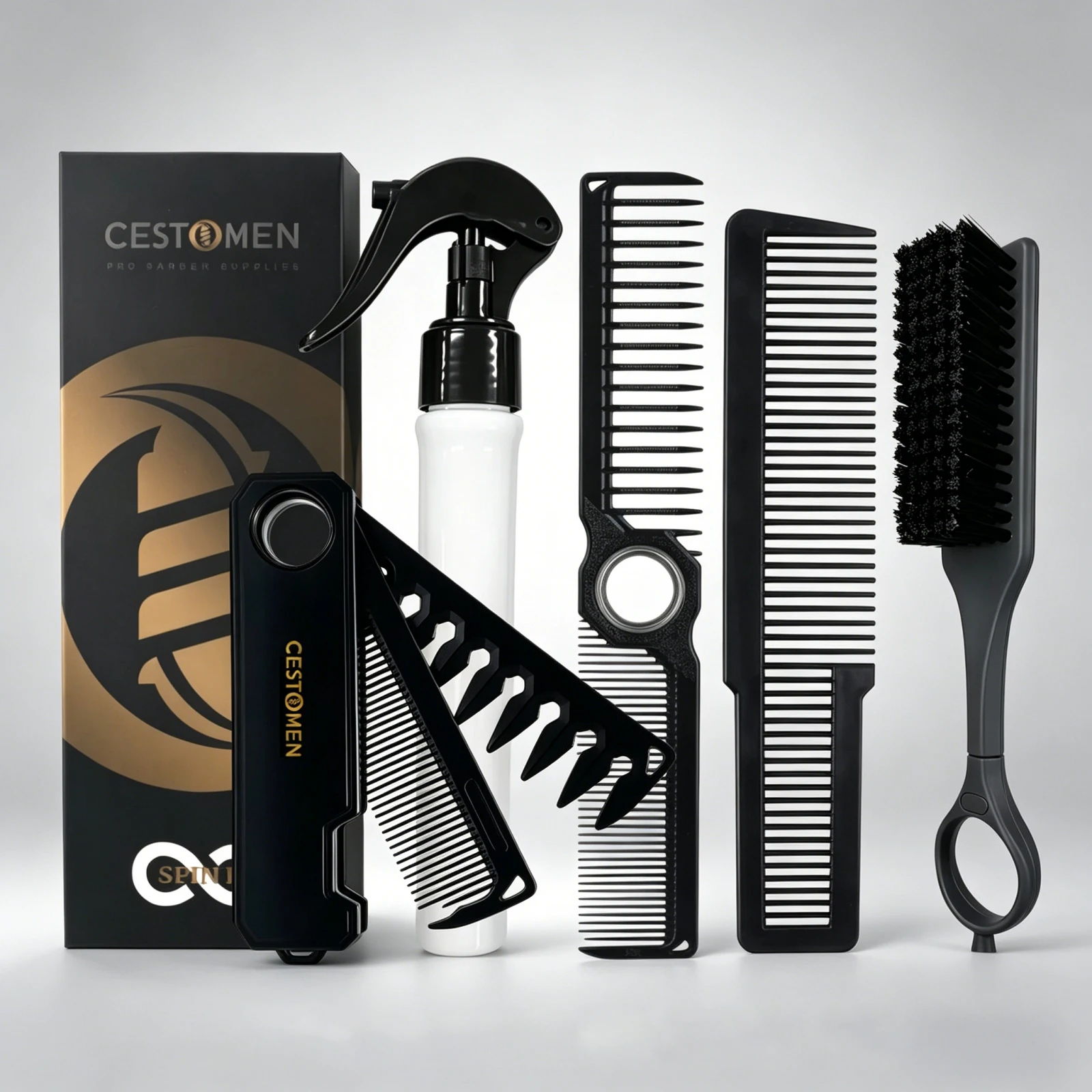 5PCS Professional Salon Barber Haircut Set Include Fine Mist Spray Bottle Antistatic Rotate Hair Comb Broken Hair Cleaning Brush thumbnail 2