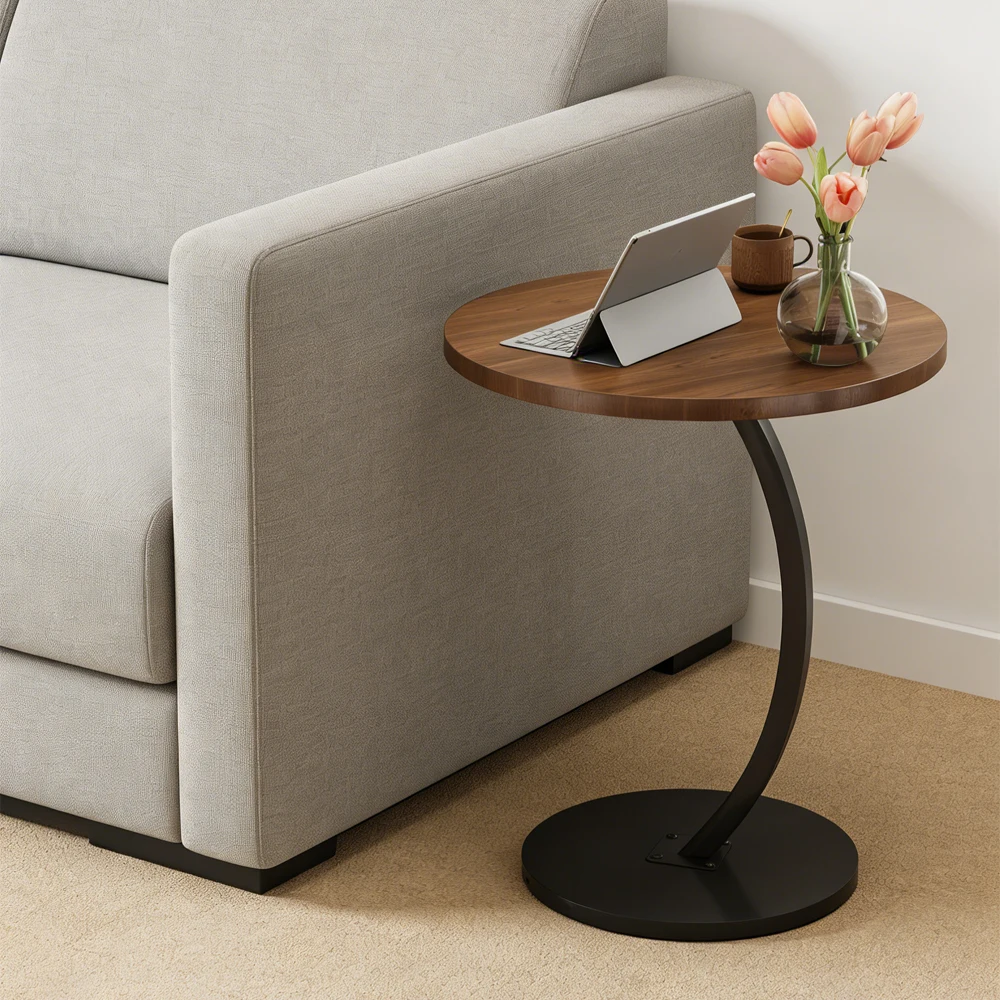 Modern C-Shaped Sofa Side Table & Coffee Table - Compact 60Cm Height, Durable Wood & Iron Construction, 3 Colors
