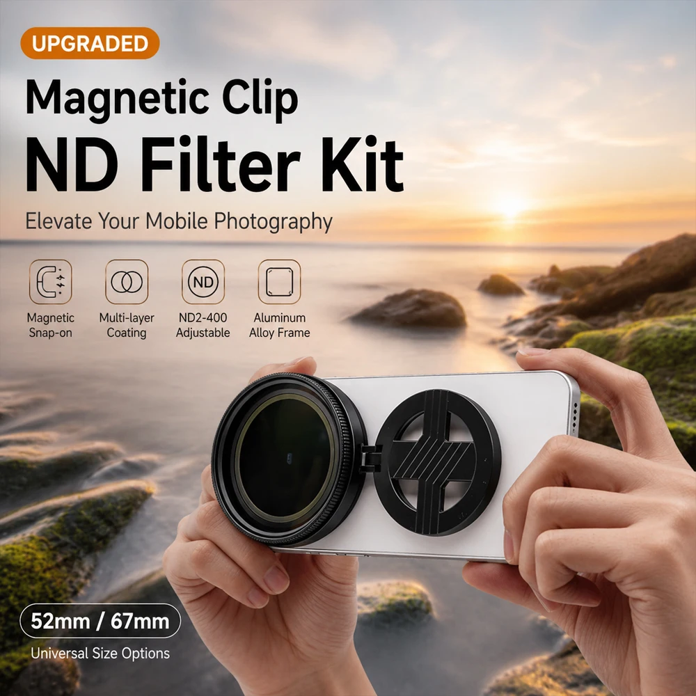 Magnetic Phone ND Filter Kit 52mm 67mm Adjustable ND2-400 Camera Lens Clip for iPhone Android Smartphone Vlog Photography Access
