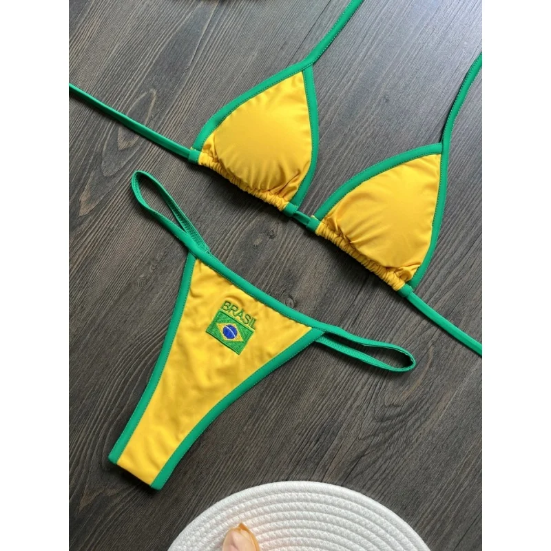 Sexy Embroidery Brasil Flag Contrast Split Bikini Set Women Swimwear Patchwork Swimsuit Hottie Outfit Summer Beachwear thumbnail 4