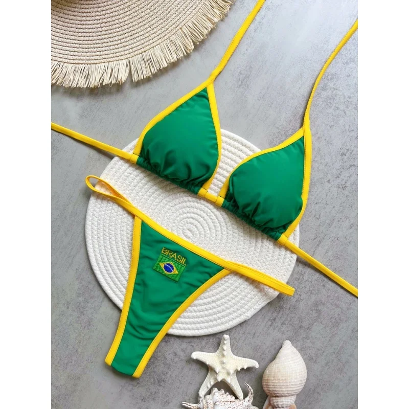 Sexy Embroidery Brasil Flag Contrast Split Bikini Set Women Swimwear Patchwork Swimsuit Hottie Outfit Summer Beachwear thumbnail 2