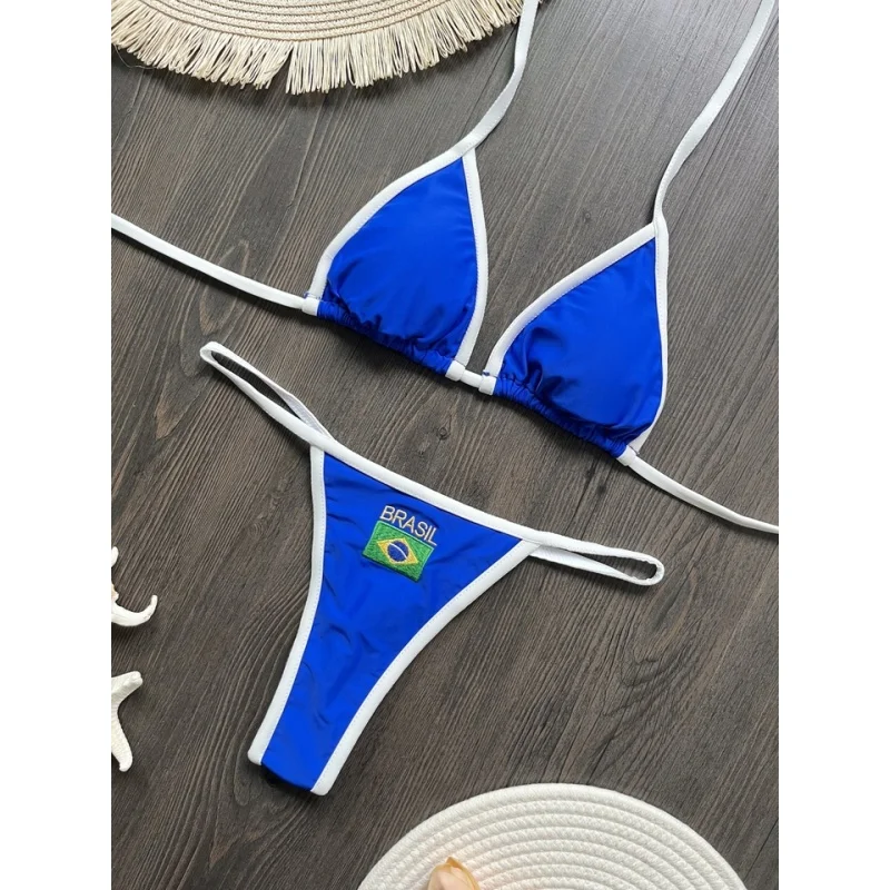 Sexy Embroidery Brasil Flag Contrast Split Bikini Set Women Swimwear Patchwork Swimsuit Hottie Outfit Summer Beachwear thumbnail 6