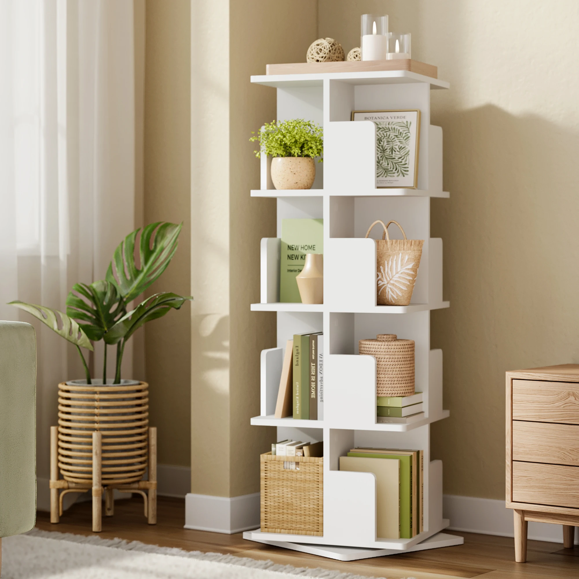 4 Levels Rotating Bookcase Standing Shelf Room Divider for Living Room Bedroom Office Space Saving Decorative Shelf for Books CD thumbnail 5