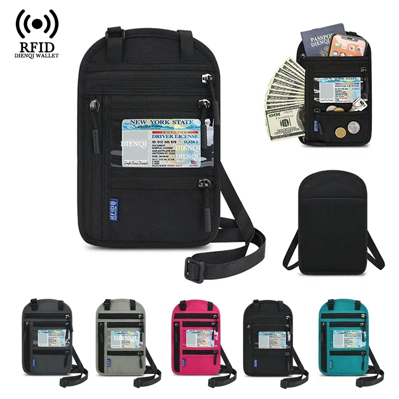 RFID Blocking Passport Wallet Holder Family Travel Phone Neck Pouch with Strap Zipper Id Bank Credit Cardholder Slim Wallets