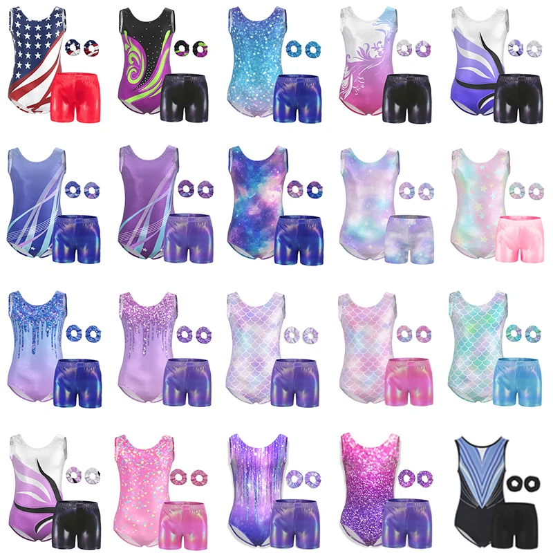 Girls Gymnastics Leotards Kids Shiny Sleeveless Athletic Tumbling Tank Unitard 4 Piece with shorts and headband