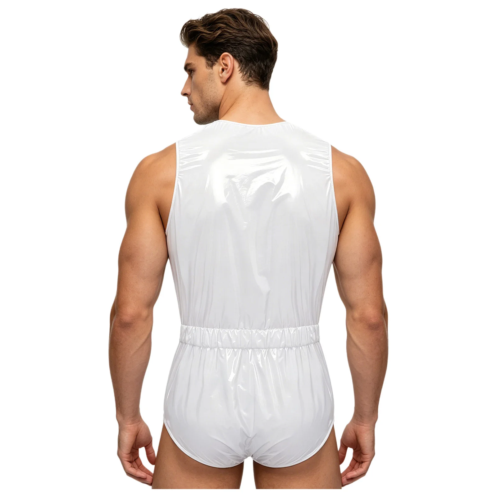 Mens Waterproof Glossy PVC Buttoned Swimwear One Piece Front Button Side Zippers Leotard Swimsuit Leakproof Adaptive Bodysuit thumbnail 3