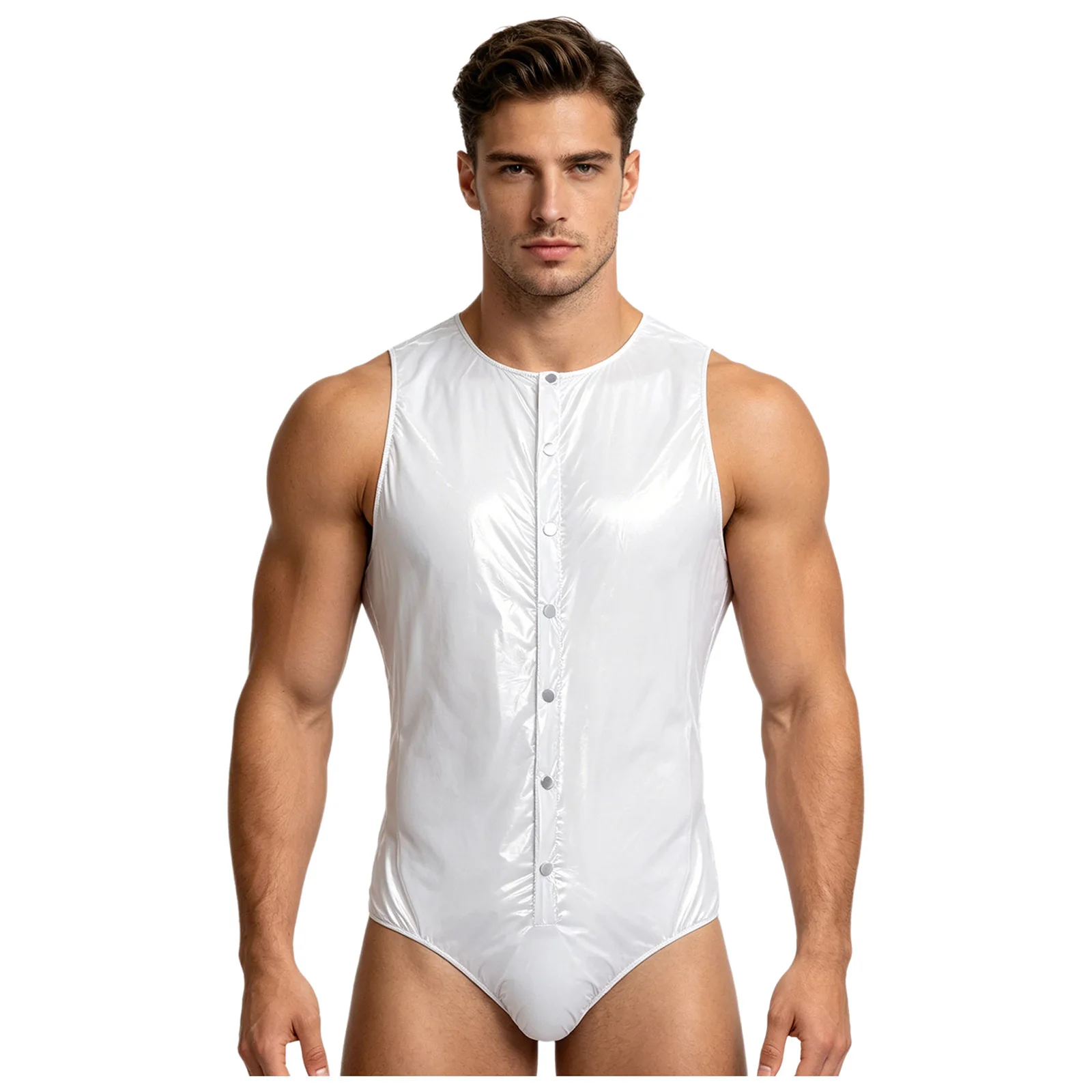 Mens Waterproof Glossy PVC Buttoned Swimwear One Piece Front Button Side Zippers Leotard Swimsuit Leakproof Adaptive Bodysuit thumbnail 2