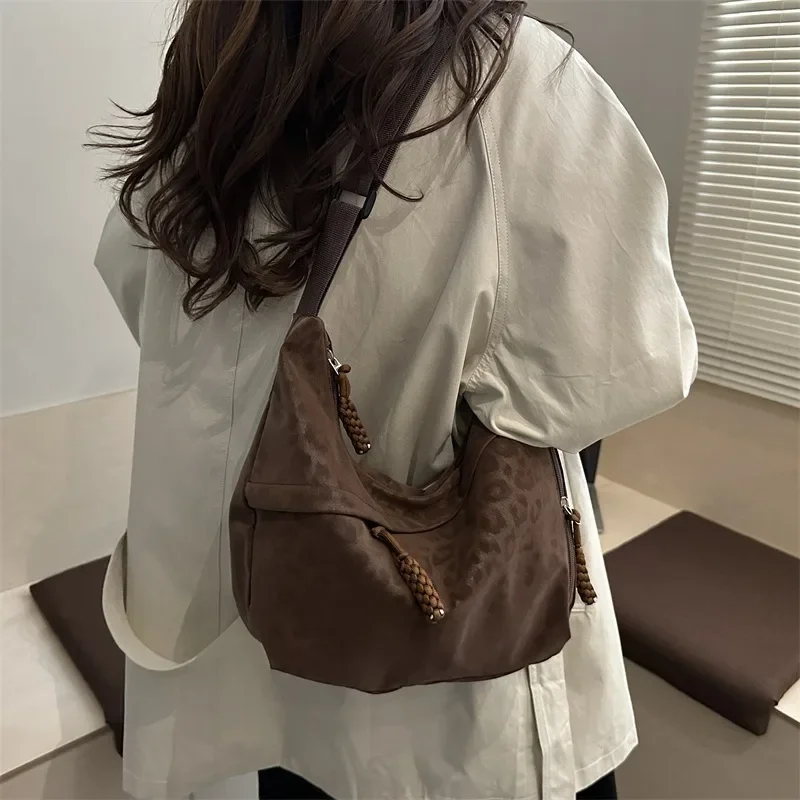 Leopard Print Suede Women's Shoulder Messenger Bag 2026 Large Capacity Casual Dumpling Bag for Commuter Versatile