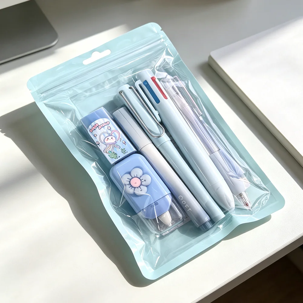 6PCS Blue Stationery Bundle, Includes Correction Tape, Eraser, Pencil, Highlighter, Ballpoint Pen for School & Office