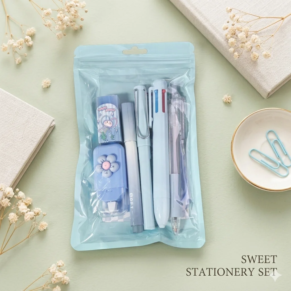 6PCS Blue Stationery Bundle, Includes Correction Tape, Eraser, Pencil, Highlighter, Ballpoint Pen for School & Office thumbnail 4